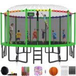 Alpha Series Trampoline with Basketball Hoop and Light, Sprinkler & Sock Set Green