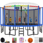 Alpha Series Trampoline with Basketball Hoop and Light, Sprinkler & Sock Set Blue