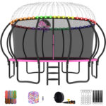 Beta Series Trampoline with Basketball Hoop and Light, Sprinkler & Sock Set Pink
