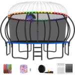 Beta Series Trampoline with Basketball Hoop and Light, Sprinkler & Sock Set Blue