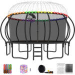Beta Series Trampoline with Basketball Hoop and Light, Sprinkler & Sock Set Black